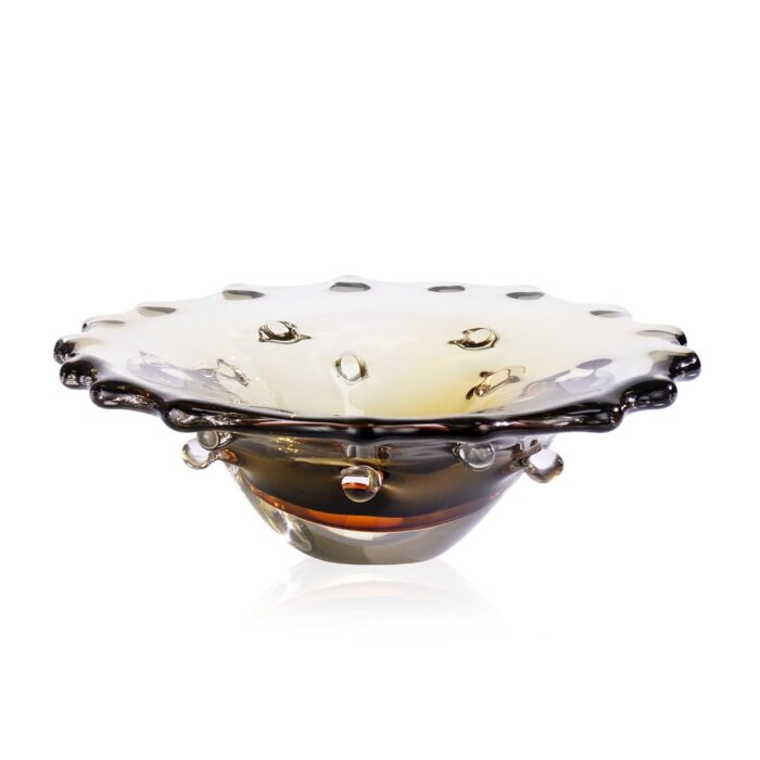 KAMMAK Glass Fruit Bowl, Luxury Centerpiece Glass Bowl, Hand Blown Decorative Dessert Plate, Green Aesthetic Counter Decor, Colored Modern Art Serving Bowls for Party (SXY03) KAMMAK 8GPSXY003 decorative serving plate front view for product display