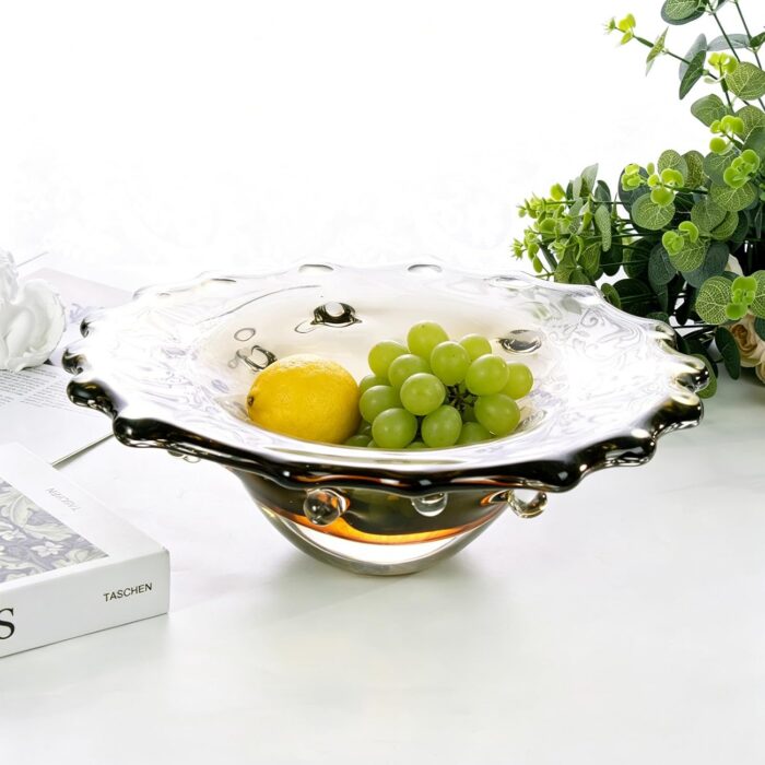 KAMMAK Glass Fruit Bowl, Luxury Centerpiece Glass Bowl, Hand Blown Decorative Dessert Plate, Green Aesthetic Counter Decor, Colored Modern Art Serving Bowls for Party (SXY03) KAMMAK 8GPSXY003 decorative serving plate side angle view showing silhouette
