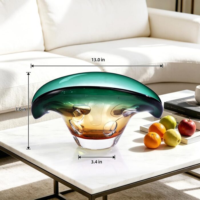 KAMMAK Glass Fruit Bowl, Luxury Centerpiece Glass Bowl, Hand Blown Decorative Dessert Plate, Green Aesthetic Counter Decor, Colored Modern Art Serving Bowls for Party (SXY04) KAMMAK 8GPSXY004 decorative serving plate shape and proportion detail image 3