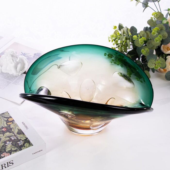 KAMMAK Glass Fruit Bowl, Luxury Centerpiece Glass Bowl, Hand Blown Decorative Dessert Plate, Green Aesthetic Counter Decor, Colored Modern Art Serving Bowls for Party (SXY04) KAMMAK 8GPSXY004 decorative serving plate close-up material texture detail image 4
