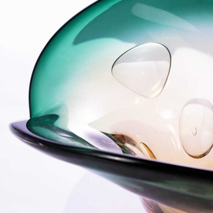KAMMAK Glass Fruit Bowl, Luxury Centerpiece Glass Bowl, Hand Blown Decorative Dessert Plate, Green Aesthetic Counter Decor, Colored Modern Art Serving Bowls for Party (SXY04) KAMMAK 8GPSXY004 decorative serving plate styled on dining table image 5