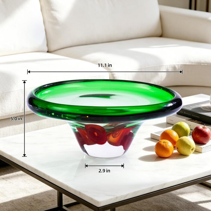 KAMMAK Glass Fruit Bowl, Luxury Centerpiece Glass Bowl, Hand Blown Decorative Dessert Plate, Green Aesthetic Counter Decor, Colored Modern Art Serving Bowls for Party (SXY06) KAMMAK 8GPSXY006 decorative serving plate shape and proportion detail image 3