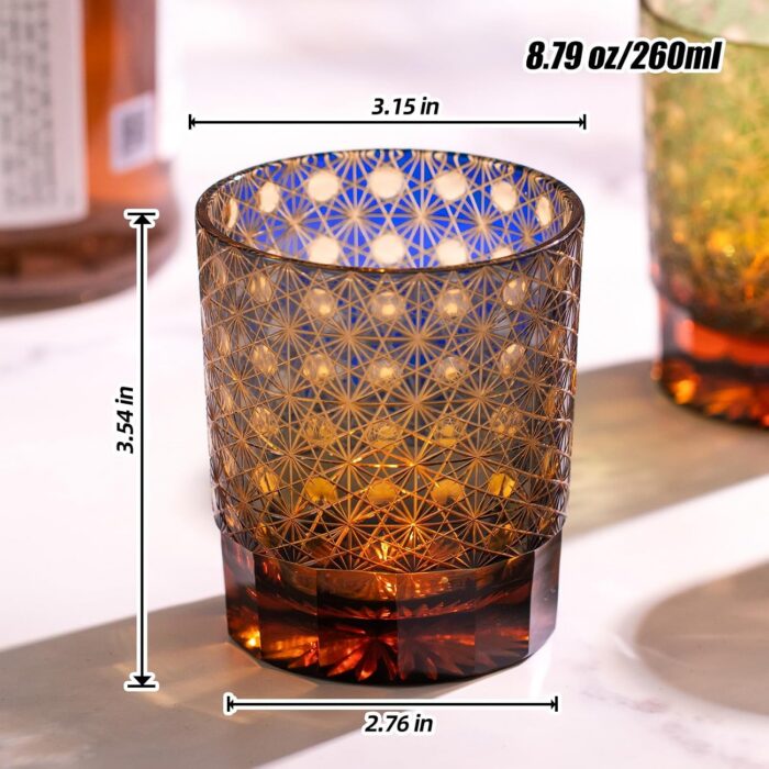 KAMMAK Whiskey Glasses Set of 2, Handcrafted Japanese Cut Glass | 260ML,Old Fashioned, Stemless, For Bourbon, Scotch, Spirits & Cocktails, Perfect Men & Women Gift, Green and... KAMMAK 8KPRS002+03 whiskey glasses shape and proportion detail image 3