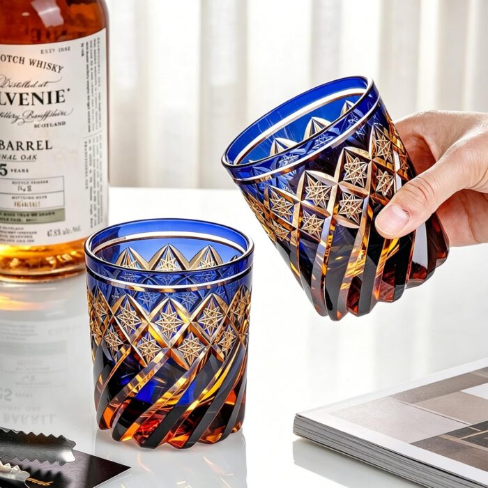 KAMMAK Whiskey Glasses Set of 2, Handcrafted Japanese Cut Glass | 260ML,Old Fashioned, Stemless, For Bourbon, Scotch, Spirits & Cocktails, Perfect Men & Women Gift, Amber Blue, RS4 KAMMAK 8KPRS004 whiskey glasses styled on dining table image 5