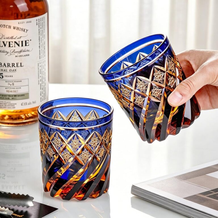 Whiskey Glasses Set of 2, Amber and Blue Cut Glass Design, 260 ml – detail view 3