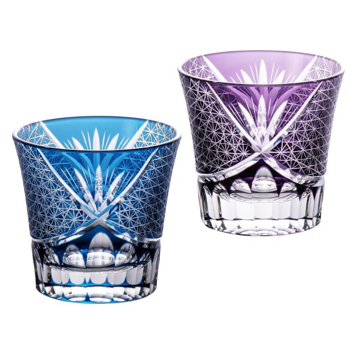 KAMMAK Whiskey Glasses Set of 2, Handcrafted Japanese Cut Glass | 260ML,Old Fashioned, Stemless, For Bourbon, Scotch, Spirits & Cocktails, Perfect Men & Women Gift, Blue and... KAMMAK 8KPRS005+06 whiskey glasses front view for product display