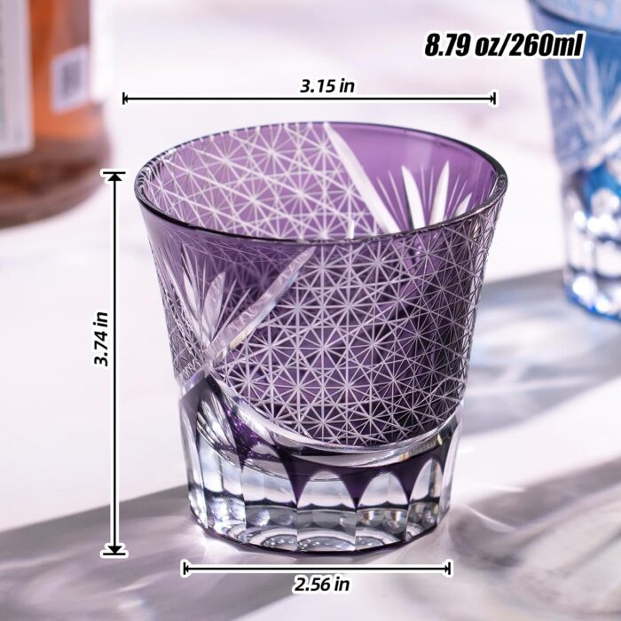 KAMMAK Whiskey Glasses Set of 2, Handcrafted Japanese Cut Glass | 260ML,Old Fashioned, Stemless, For Bourbon, Scotch, Spirits & Cocktails, Perfect Men & Women Gift, Blue and... KAMMAK 8KPRS005+06 whiskey glasses shape and proportion detail image 3