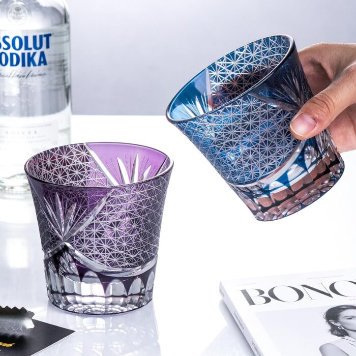 KAMMAK Whiskey Glasses Set of 2, Handcrafted Japanese Cut Glass | 260ML,Old Fashioned, Stemless, For Bourbon, Scotch, Spirits & Cocktails, Perfect Men & Women Gift, Blue and... KAMMAK 8KPRS005+06 whiskey glasses scale and proportion view image 6