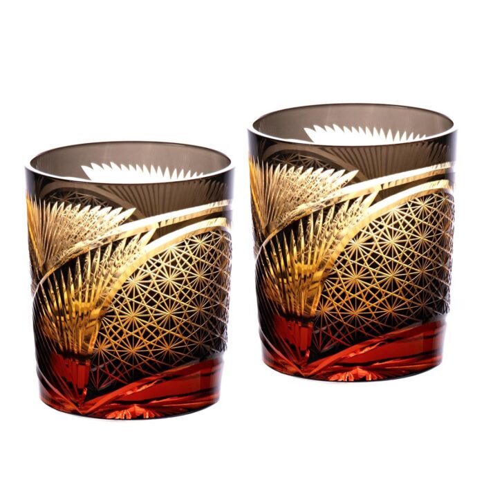 KAMMAK Whiskey Glasses Set of 2, Handcrafted Japanese Cut Glass | 260ML,Old Fashioned, Stemless, For Bourbon, Scotch, Spirits & Cocktails, Perfect Men & Women Gift, Amber Black,... KAMMAK 8KPRS007 whiskey glasses front view for product display