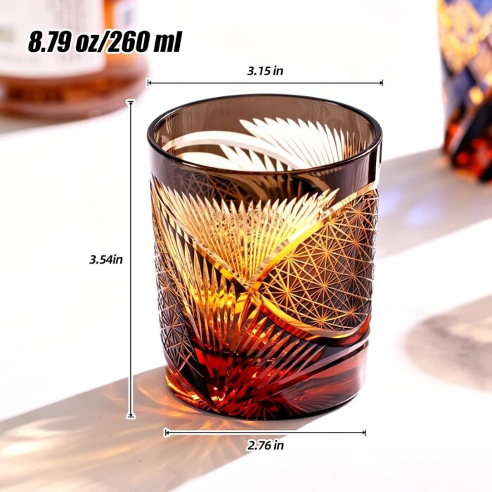 KAMMAK Whiskey Glasses Set of 2, Handcrafted Japanese Cut Glass | 260ML,Old Fashioned, Stemless, For Bourbon, Scotch, Spirits & Cocktails, Perfect Men & Women Gift, Amber Black,... KAMMAK 8KPRS007 whiskey glasses shape and proportion detail image 3