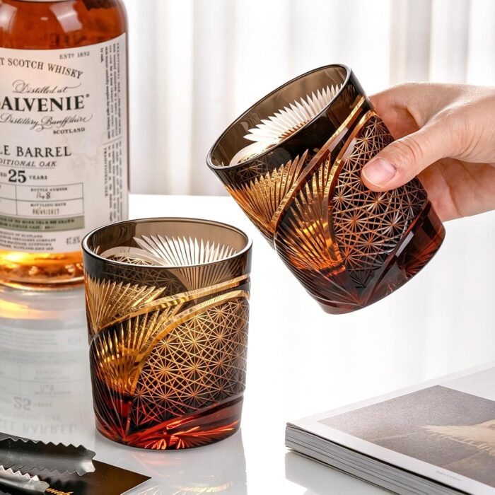 KAMMAK Whiskey Glasses Set of 2, Handcrafted Japanese Cut Glass | 260ML,Old Fashioned, Stemless, For Bourbon, Scotch, Spirits & Cocktails, Perfect Men & Women Gift, Amber Black,... KAMMAK 8KPRS007 whiskey glasses close-up material texture detail image 4