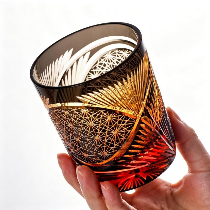 KAMMAK Whiskey Glasses Set of 2, Handcrafted Japanese Cut Glass | 260ML,Old Fashioned, Stemless, For Bourbon, Scotch, Spirits & Cocktails, Perfect Men & Women Gift, Amber Black,... KAMMAK 8KPRS007 whiskey glasses styled on dining table image 5