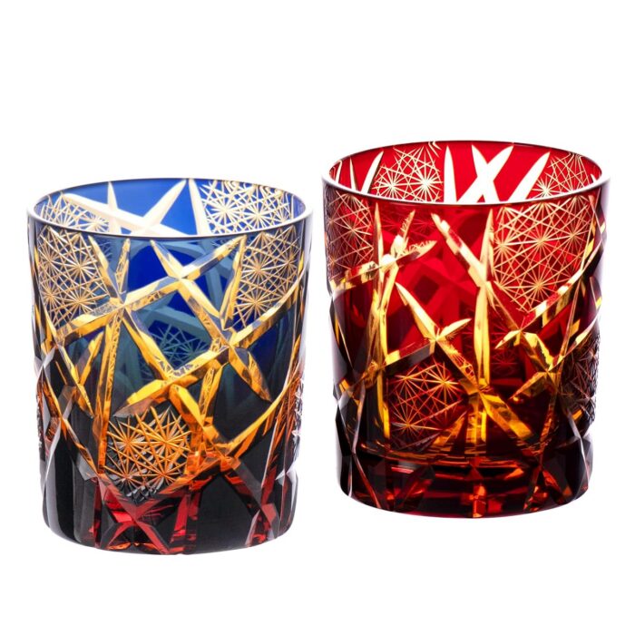 KAMMAK Whiskey Glasses Set of 2, Handcrafted Japanese Cut Glass | 260ML,Old Fashioned, Stemless, For Bourbon, Scotch, Spirits & Cocktails, Perfect Men & Women Gift, Blue and... KAMMAK 8KPRS014+15 whiskey glasses front view for product display