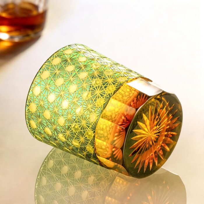 KAMMAK Whiskey Glasses Set of 2, Handcrafted Japanese Cut Glass | 260ML,Old Fashioned, Stemless, For Bourbon, Scotch, Spirits & Cocktails, Perfect Men & Women Gift, Green and... KAMMAK 8KPRS002+03 whiskey glasses close-up material texture detail image 4