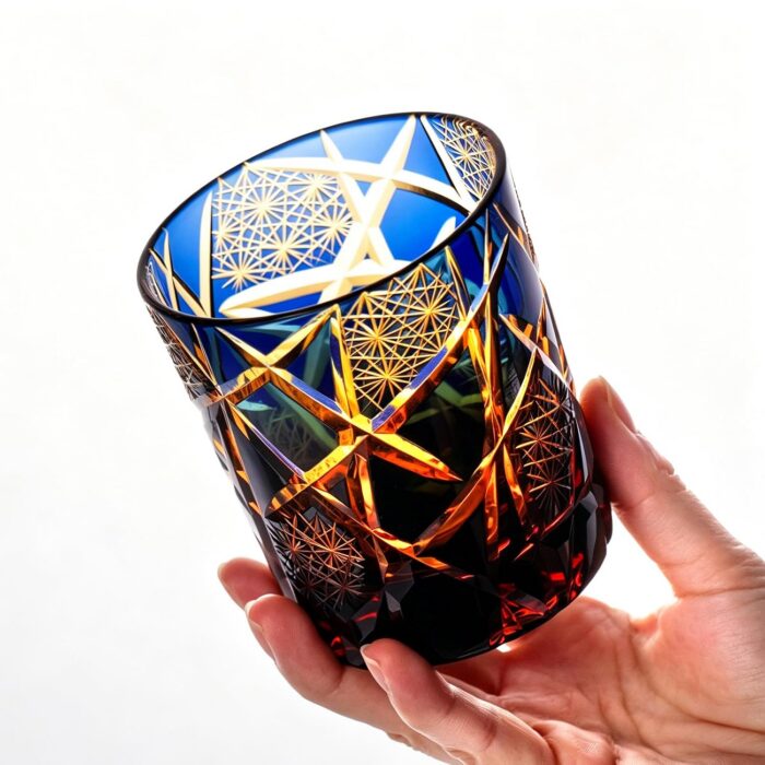 KAMMAK Whiskey Glasses Set of 2, Handcrafted Japanese Cut Glass | 260ML,Old Fashioned, Stemless, For Bourbon, Scotch, Spirits & Cocktails, Perfect Men & Women Gift, Blue and... KAMMAK 8KPRS014+15 whiskey glasses styled on dining table image 5