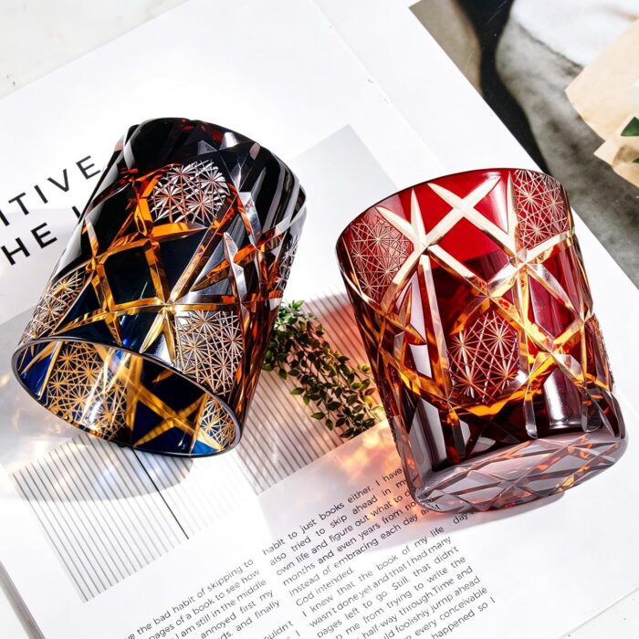 KAMMAK Whiskey Glasses Set of 2, Handcrafted Japanese Cut Glass | 260ML,Old Fashioned, Stemless, For Bourbon, Scotch, Spirits & Cocktails, Perfect Men & Women Gift, Blue and... KAMMAK 8KPRS014+15 whiskey glasses scale and proportion view image 6