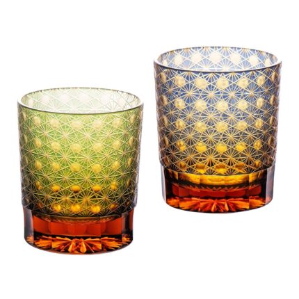 KAMMAK Whiskey Glasses Set of 2, Handcrafted Japanese Cut Glass | 260ML,Old Fashioned, Stemless, For Bourbon, Scotch, Spirits & Cocktails, Perfect Men & Women Gift, Green and... KAMMAK 8KPRS002+03 whiskey glasses product card image