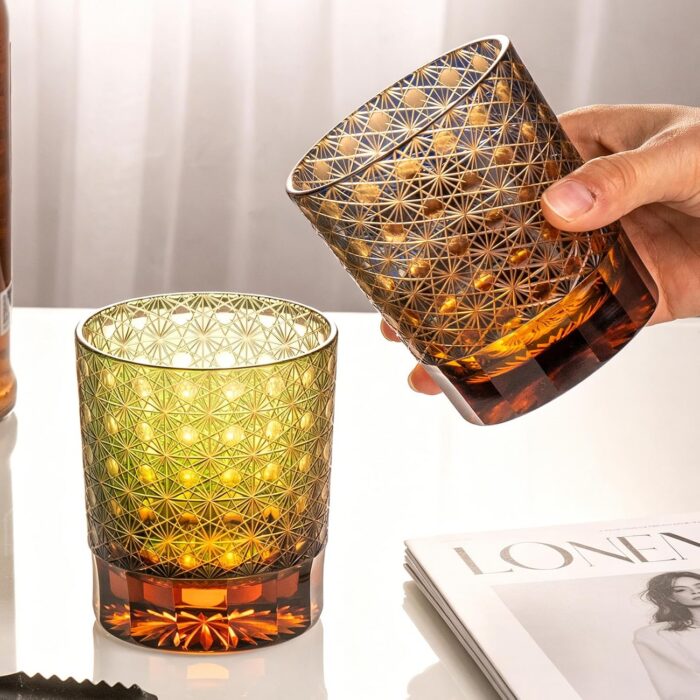 KAMMAK Whiskey Glasses Set of 2, Handcrafted Japanese Cut Glass | 260ML,Old Fashioned, Stemless, For Bourbon, Scotch, Spirits & Cocktails, Perfect Men & Women Gift, Green and... KAMMAK 8KPRS002+03 whiskey glasses scale and proportion view image 6
