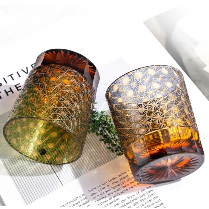 KAMMAK Whiskey Glasses Set of 2, Handcrafted Japanese Cut Glass | 260ML,Old Fashioned, Stemless, For Bourbon, Scotch, Spirits & Cocktails, Perfect Men & Women Gift, Green and... KAMMAK 8KPRS002+03 whiskey glasses decorative craft detail image 7