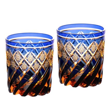 KAMMAK Whiskey Glasses Set of 2, Handcrafted Japanese Cut Glass | 260ML,Old Fashioned, Stemless, For Bourbon, Scotch, Spirits & Cocktails, Perfect Men & Women Gift, Amber Blue, RS4 KAMMAK 8KPRS004 whiskey glasses product card image