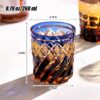 KAMMAK Whiskey Glasses Set of 2, Handcrafted Japanese Cut Glass | 260ML,Old Fashioned, Stemless, For Bourbon, Scotch, Spirits & Cocktails, Perfect Men & Women Gift, Amber Blue, RS4 KAMMAK 8KPRS004 whiskey glasses side angle view showing silhouette