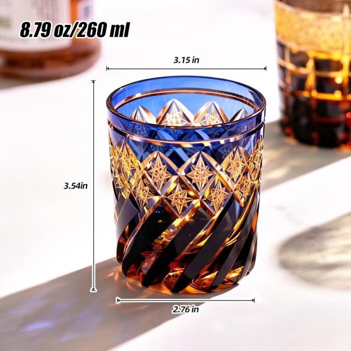 KAMMAK Whiskey Glasses Set of 2, Handcrafted Japanese Cut Glass | 260ML,Old Fashioned, Stemless, For Bourbon, Scotch, Spirits & Cocktails, Perfect Men & Women Gift, Amber Blue, RS4 KAMMAK 8KPRS004 whiskey glasses side angle view showing silhouette