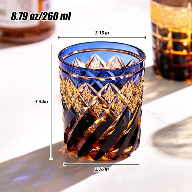 Whiskey Glasses Set of 2, Amber and Blue Cut Glass Design, 260 ml – product dimensions