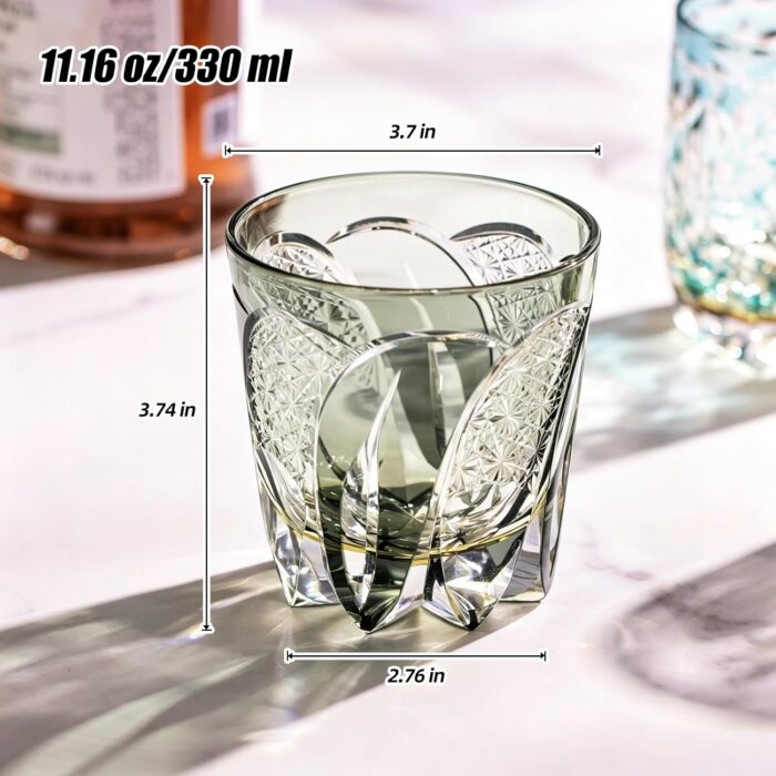 KAMMAK Whiskey Glasses Set of 2, Handcrafted Japanese Cut Glass | 330ML,Old Fashioned, Stemless, For Bourbon, Scotch, Spirits & Cocktails, Perfect Men & Women Gift, Grey, RS1 KAMMAK 8KPRS001 whiskey glasses shape and proportion detail image 3