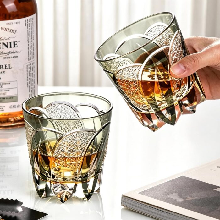 KAMMAK Whiskey Glasses Set of 2, Handcrafted Japanese Cut Glass | 330ML,Old Fashioned, Stemless, For Bourbon, Scotch, Spirits & Cocktails, Perfect Men & Women Gift, Grey, RS1 KAMMAK 8KPRS001 whiskey glasses close-up material texture detail image 4