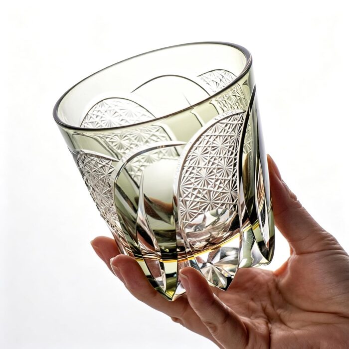 KAMMAK Whiskey Glasses Set of 2, Handcrafted Japanese Cut Glass | 330ML,Old Fashioned, Stemless, For Bourbon, Scotch, Spirits & Cocktails, Perfect Men & Women Gift, Grey, RS1 KAMMAK 8KPRS001 whiskey glasses styled on dining table image 5