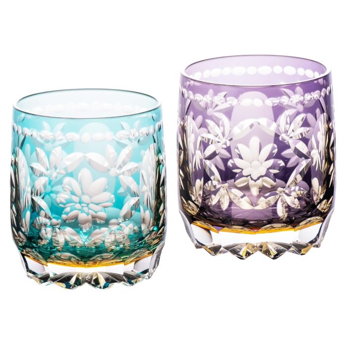 KAMMAK Whiskey Glasses Set of 2, Handcrafted Japanese Cut Glass | 330ML,Old Fashioned, Stemless, For Bourbon, Scotch, Spirits & Cocktails, Perfect Men & Women Gift, Blue and... KAMMAK 8KPRS017+18 whiskey glasses front view for product display