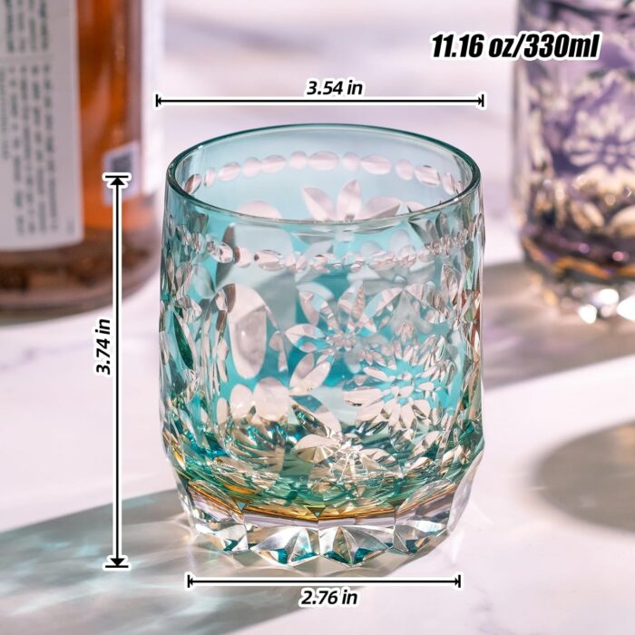KAMMAK Whiskey Glasses Set of 2, Handcrafted Japanese Cut Glass | 330ML,Old Fashioned, Stemless, For Bourbon, Scotch, Spirits & Cocktails, Perfect Men & Women Gift, Blue and... KAMMAK 8KPRS017+18 whiskey glasses shape and proportion detail image 3