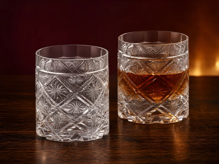 Two pinwheel crystal whiskey glasses on a dark walnut table, one empty and one filled with whiskey