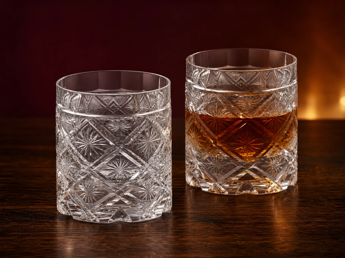 Two pinwheel crystal whiskey glasses with starburst cuts, one filled with whiskey