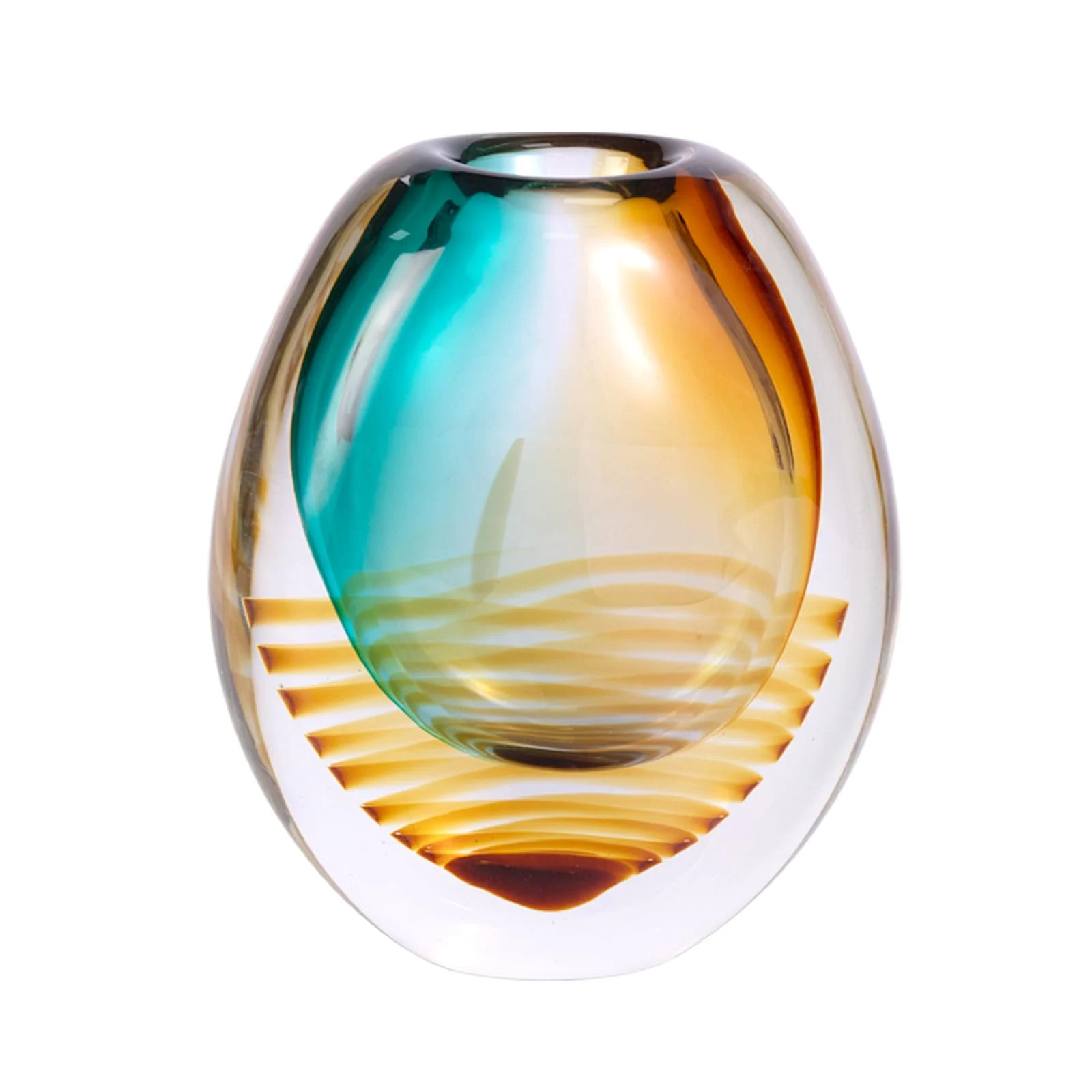 Amber and aqua oval glass vase shown against a white background