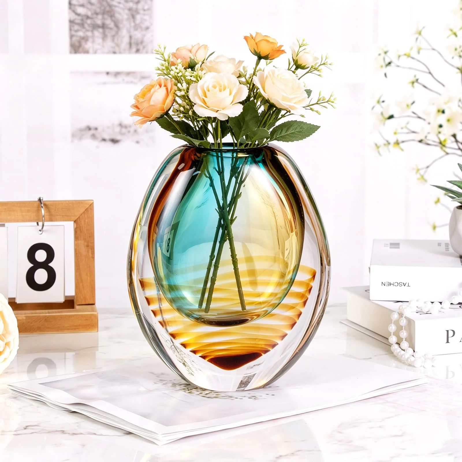 KAMMAK Amber Aqua Oval Hand-Blown Art Glass Vase - SYX023 - product image 3