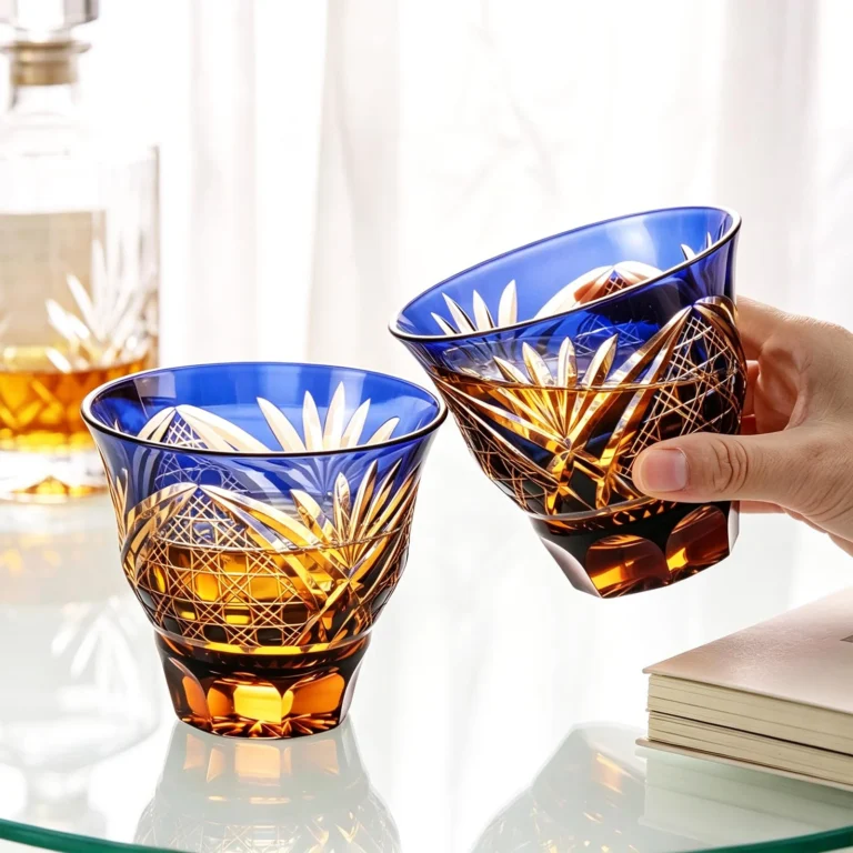 KAMMAK Amber Blue Japanese Cut Whiskey Glasses, Set of 2 - product image 5