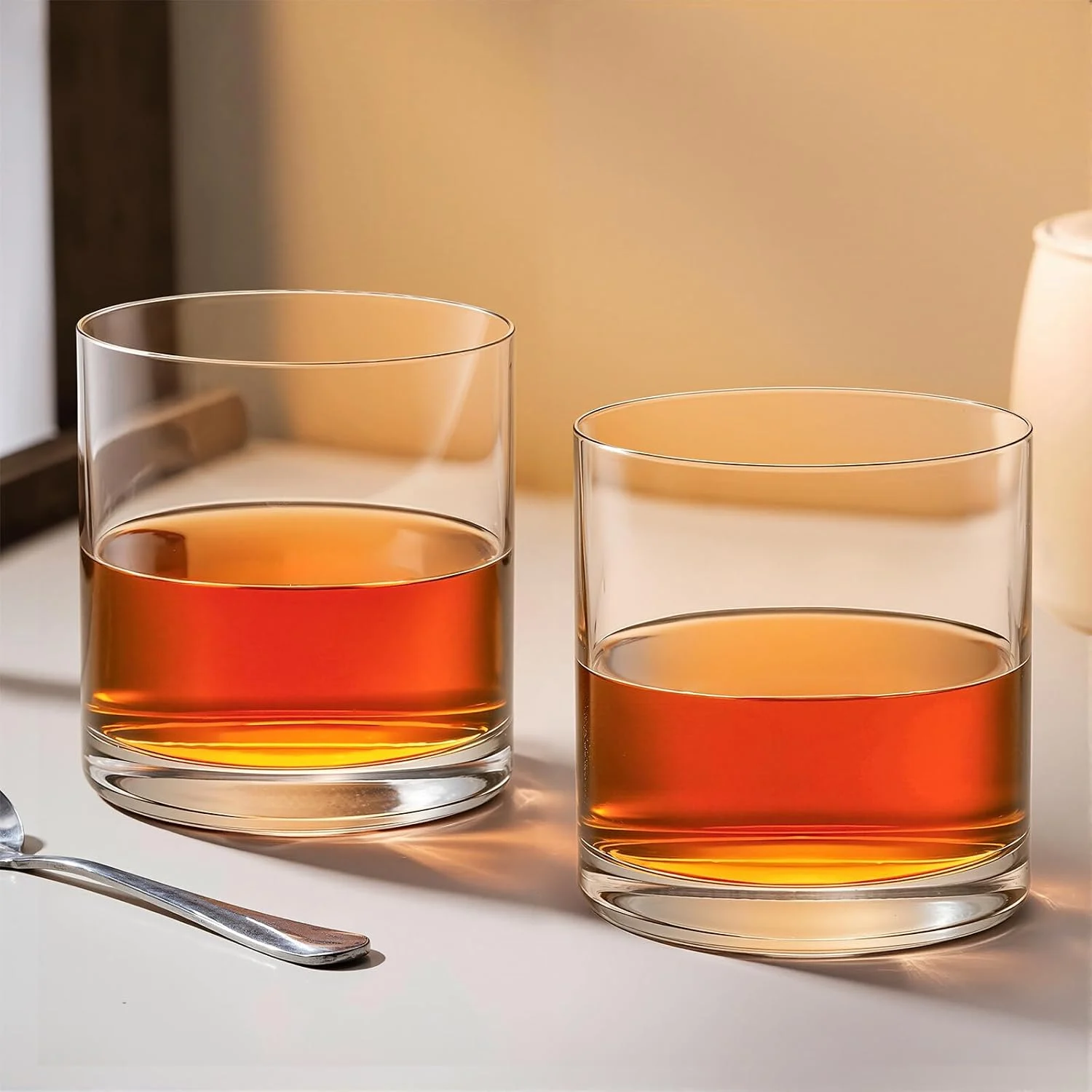 Two KAMMAK 777N clear whiskey tumblers served with amber drinks