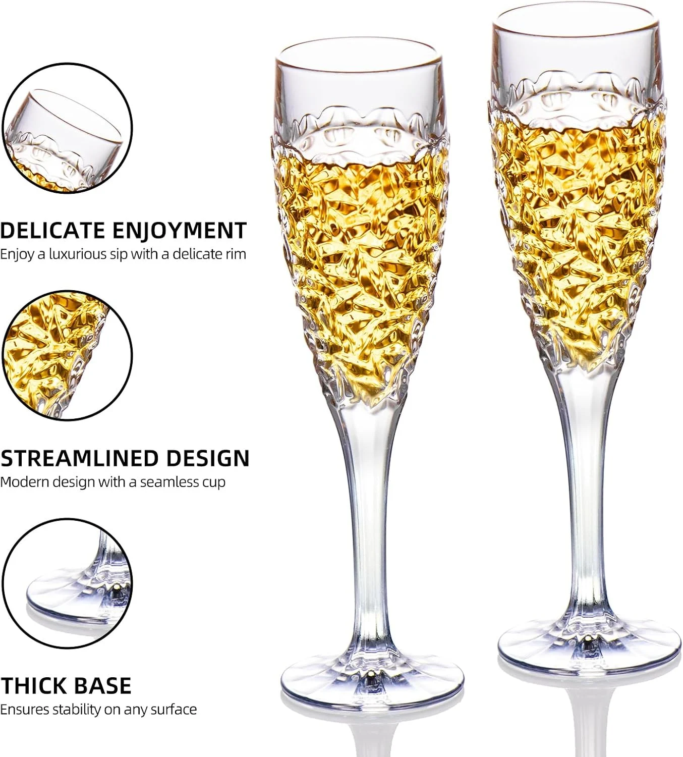 Close view of KAMMAK champagne flutes with patterned bowls and thick bases