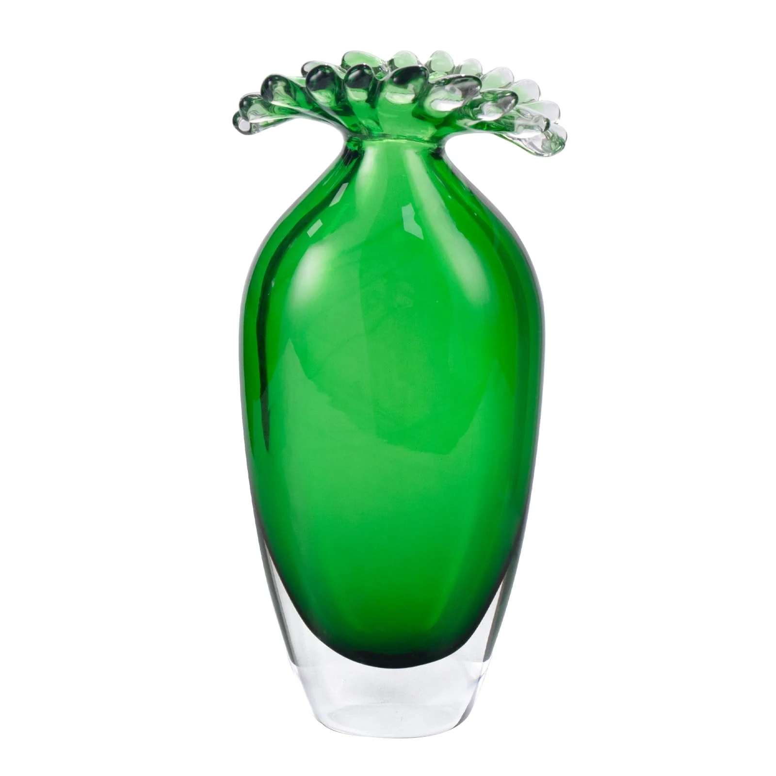 Tall emerald green art glass vase shown against a white background