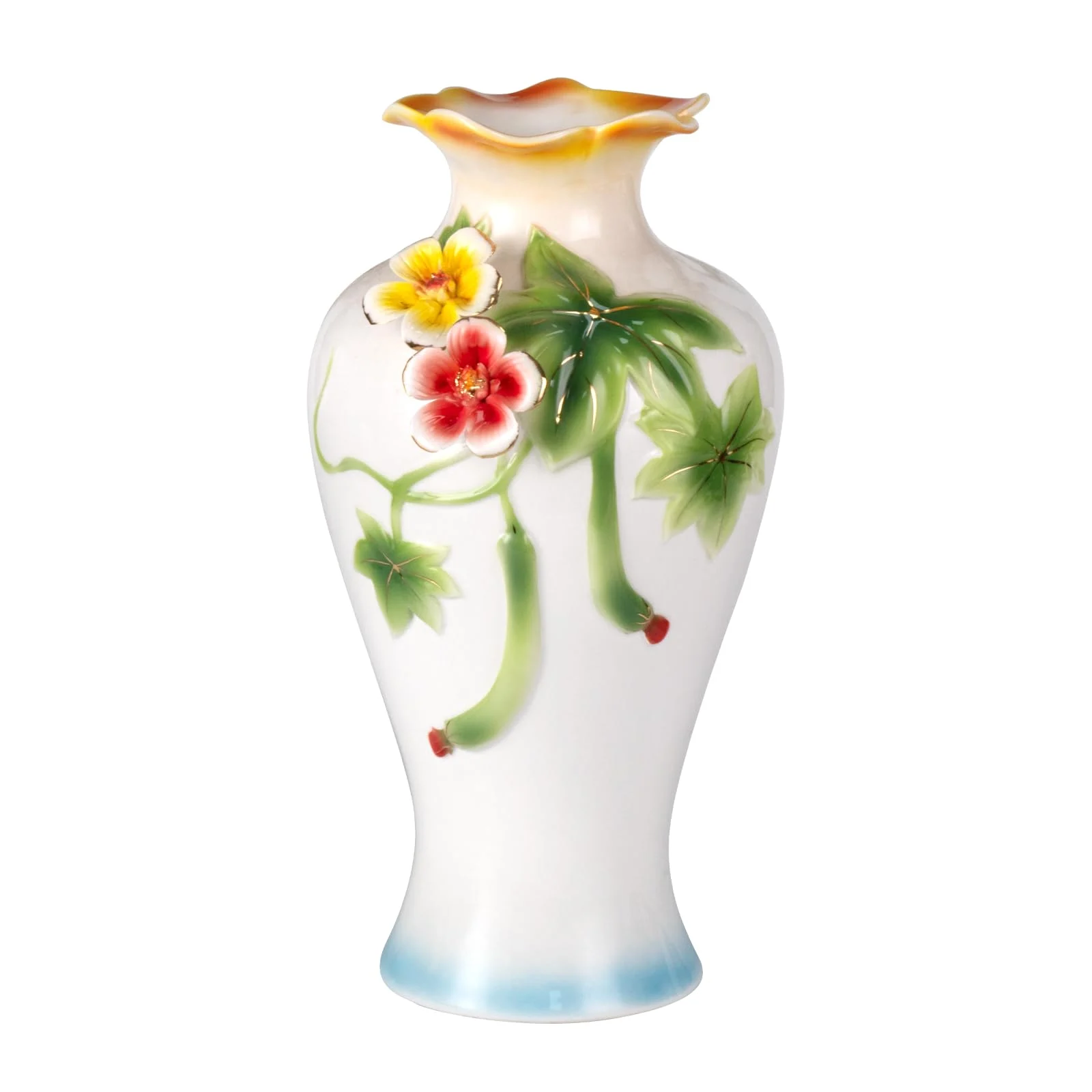 Tall hand-painted floral ceramic vase with a glossy finish