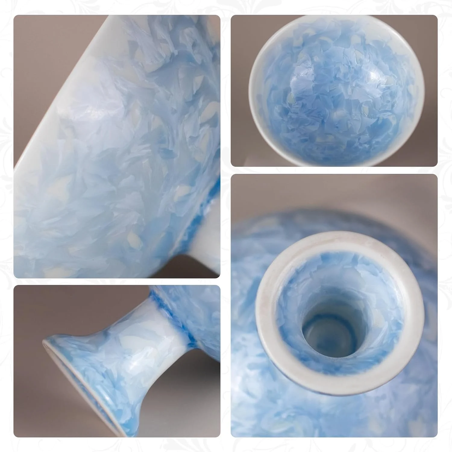 Close views of the blue crystalline glaze inside and outside the cup