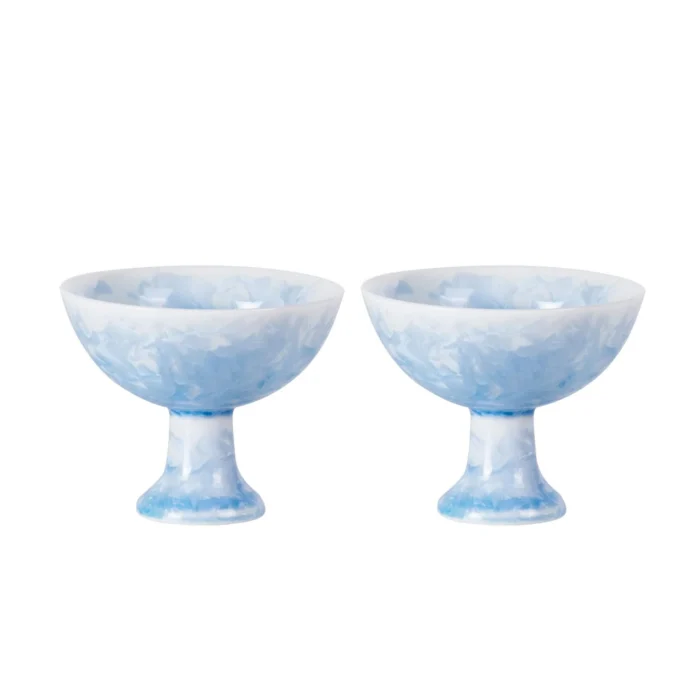 Two icy blue crystalline glaze pedestal tea cups KAMMAK 7KPSP792N ceramic cup and saucer front view for product display