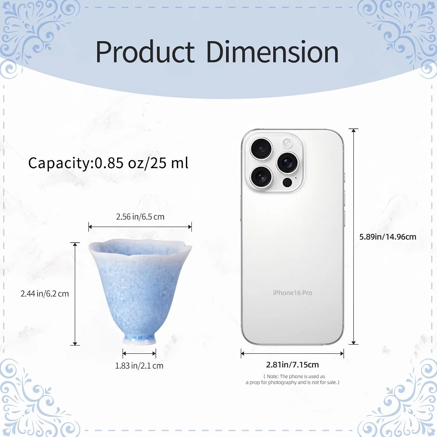 Petal-rim tea cup dimensions and 0.85 oz capacity