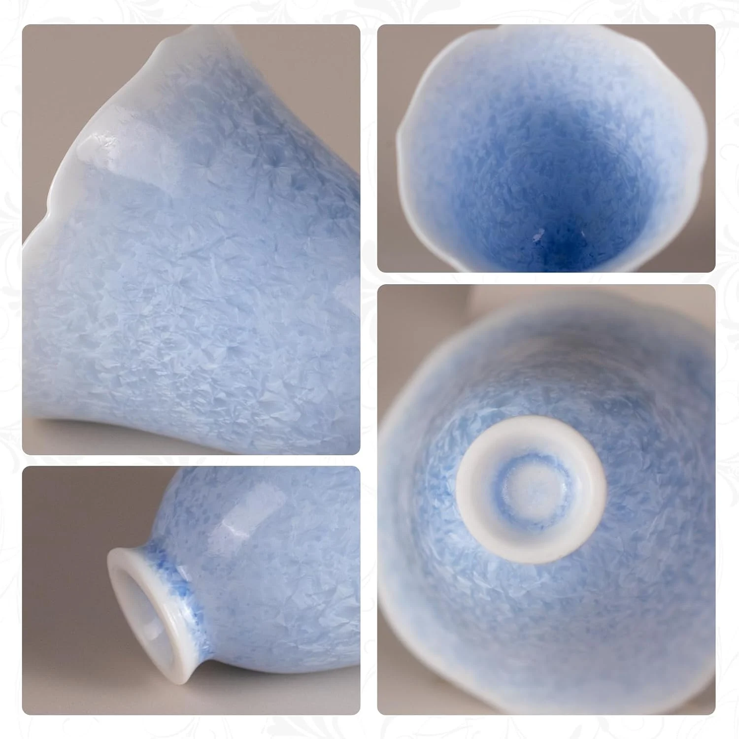 Close views of the petal rim foot and blue glazed surfaces