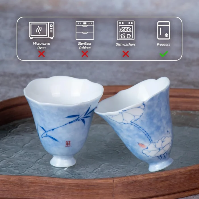Blue floral ceramic cup care guidance with two cups KAMMAK 7KPSP669N+785N ceramic cup and saucer side angle view showing silhouette
