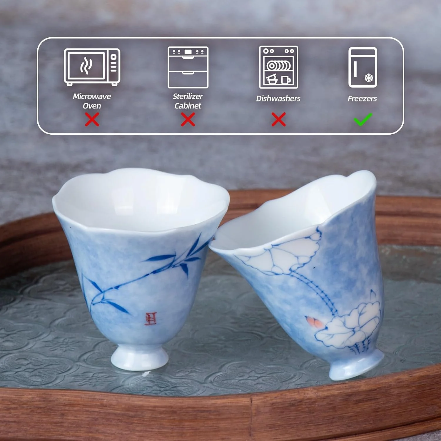 Blue floral ceramic cup care guidance with two cups