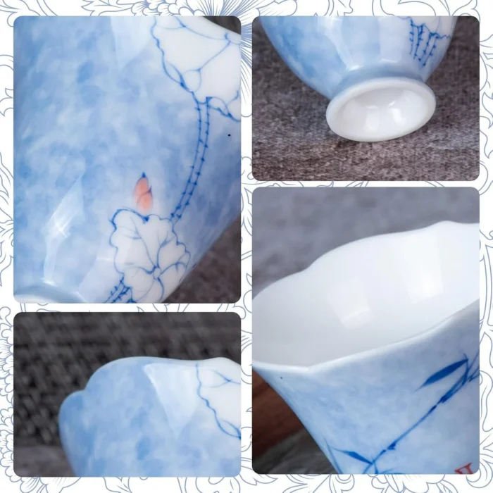 Close views of the blue floral pattern and glazed rim KAMMAK 7KPSP669N+785N ceramic cup and saucer styled home decor setting image 5