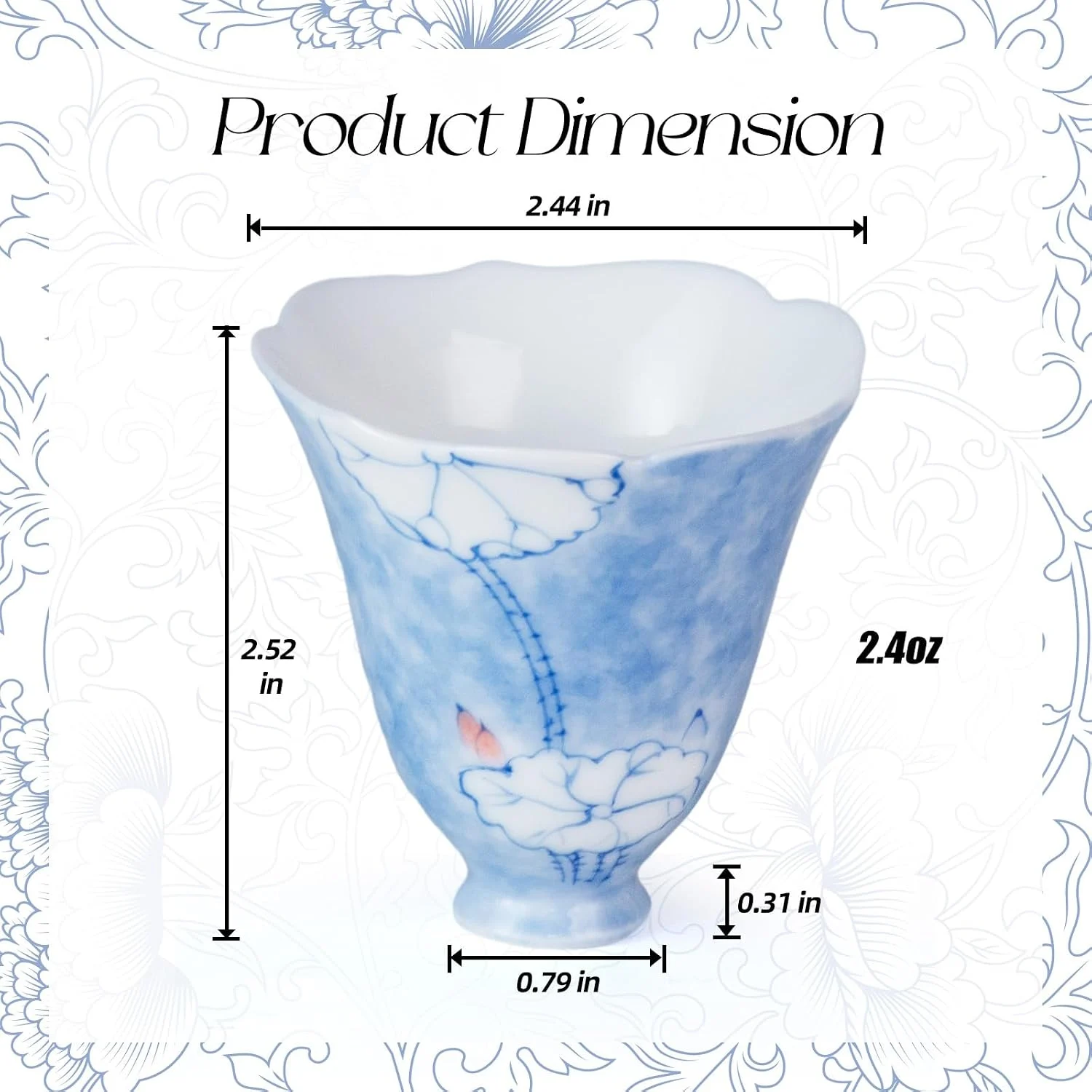 Blue floral ceramic tea cup dimensions and 2.4 oz capacity