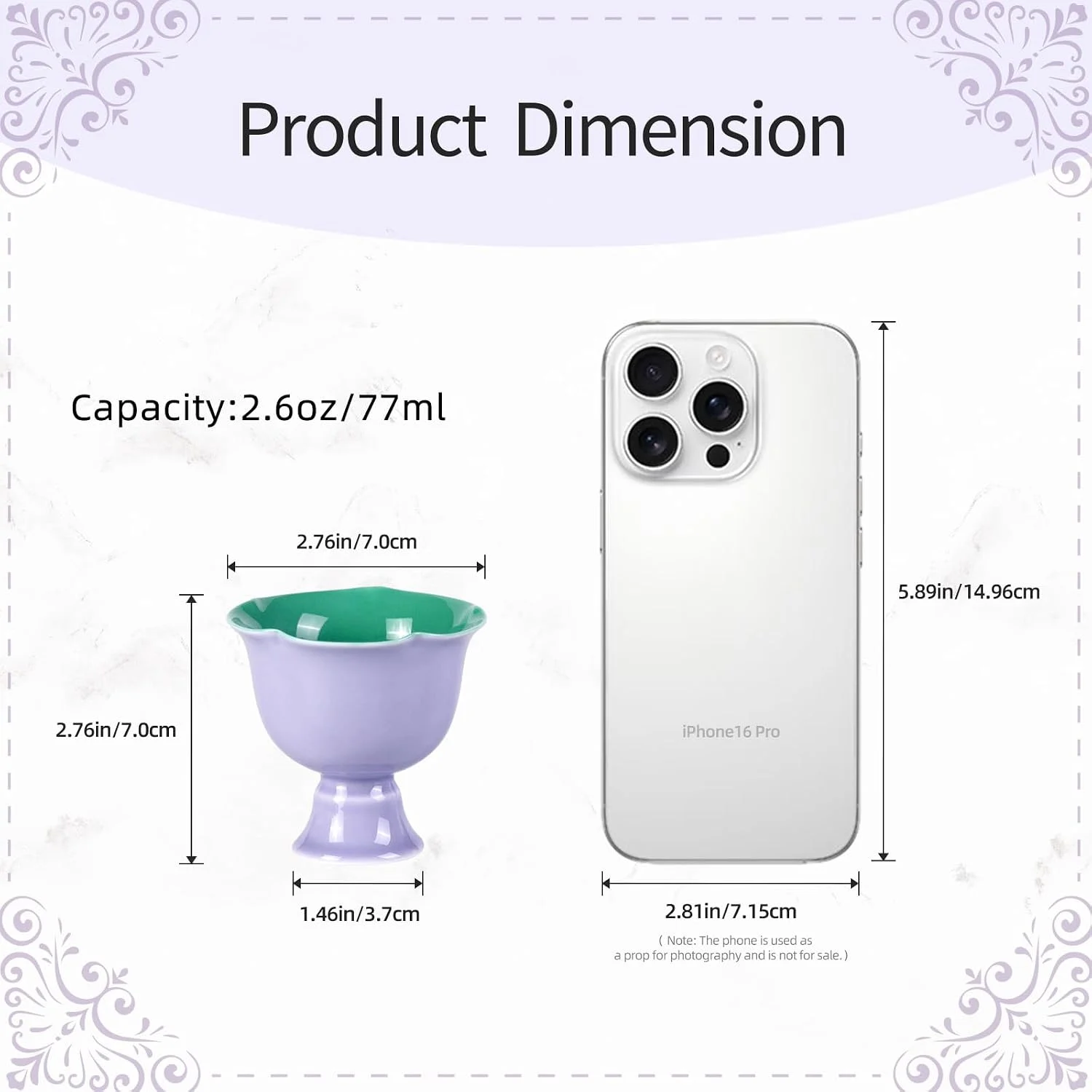 Lavender ceramic tea cup dimensions and 2.6 oz capacity